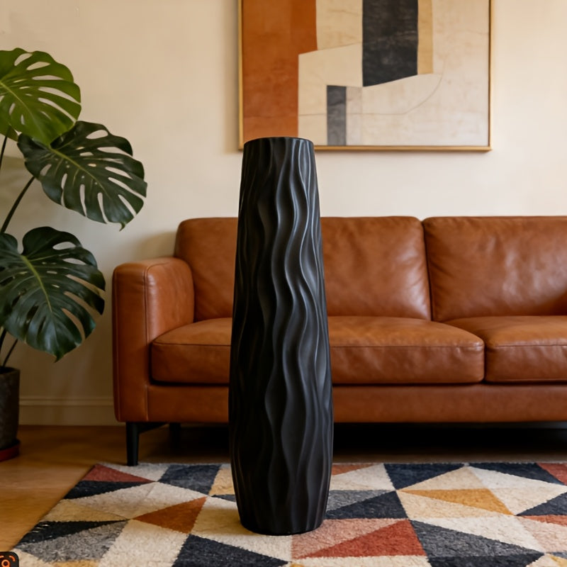Large Durable Plastic Floor/cabinet Vase, 22.83inch High: Features a European Minimalist Modern Geometric Textured Cylinder Design, Available in White, Black, and Gray. Suitable for Hydroponic and Dried Flower Arrangements, L
