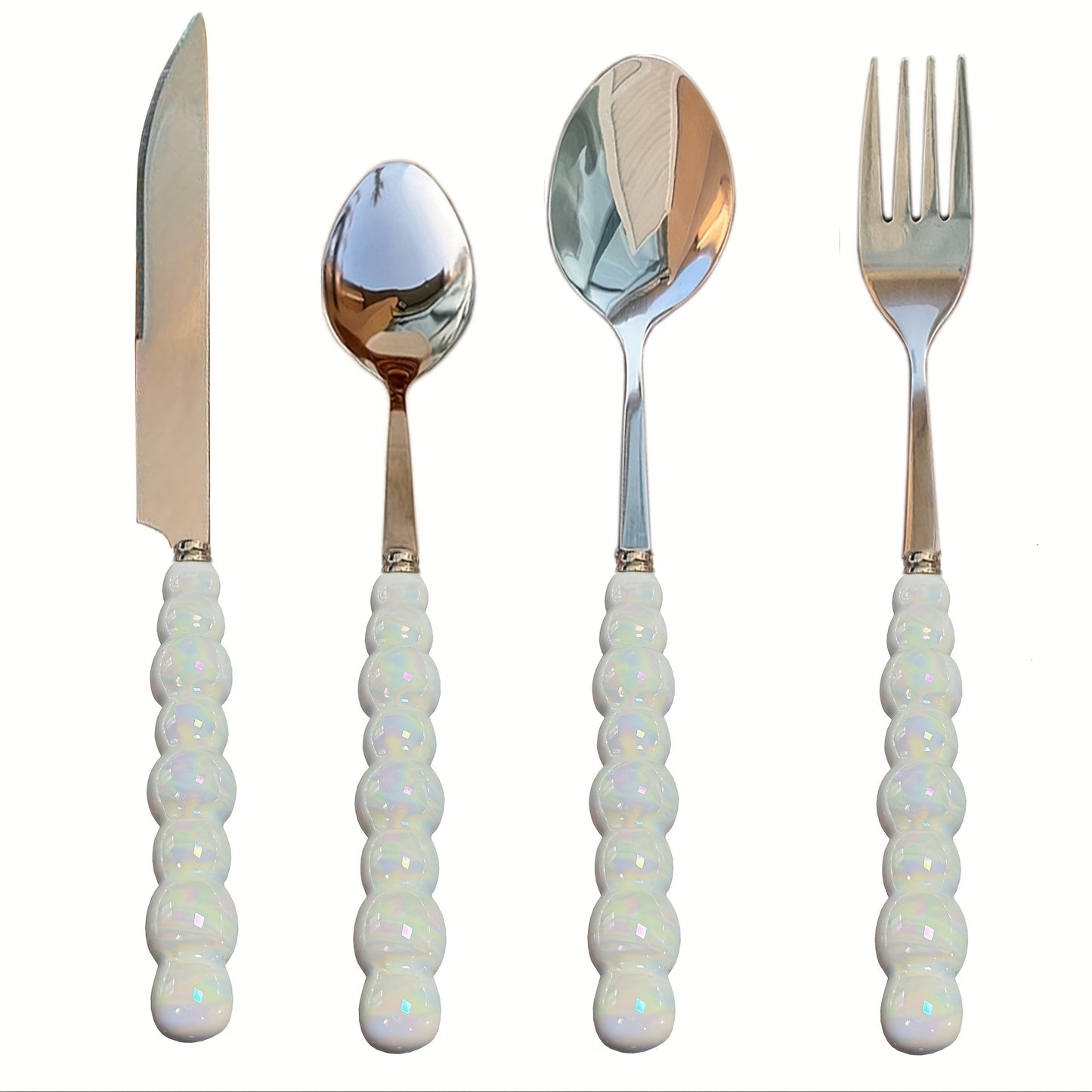 3/4/9/12 Beautiful Pearl-Shaped Stainless Steel Cutlery Sets with Ceramic Handle Table Knives, Dessert Spoons, Forks, and Spoons - Elegant Kitchen Tools and Accessories Perfect for Daily Family Dining, Birthday Parties, and H