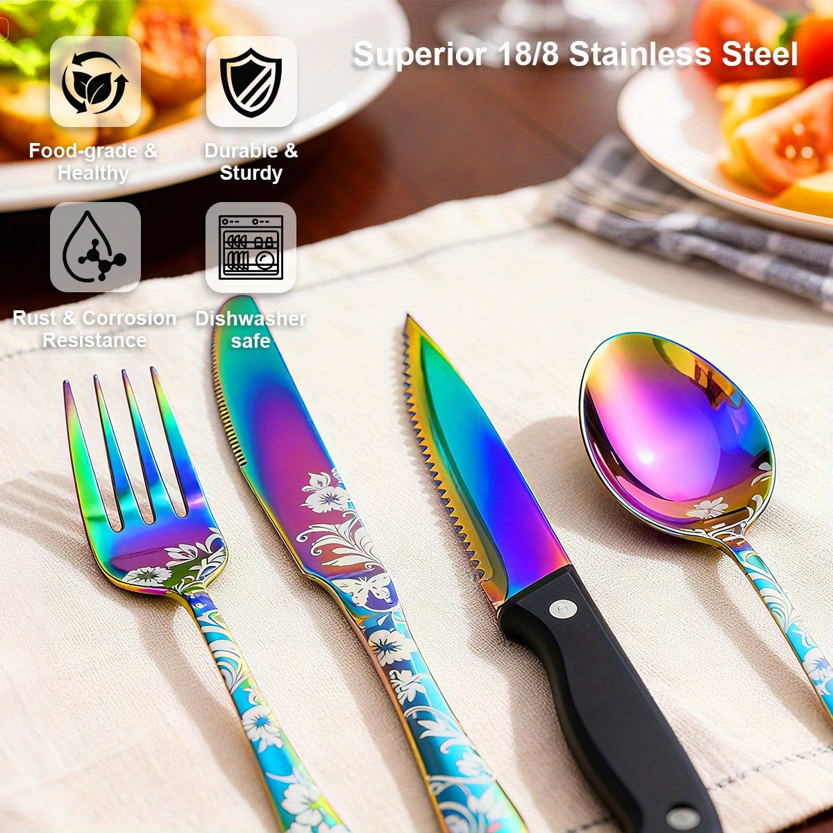 24pcs Stainless Steel Silverware, 4-Person 6pcs Laser-Etched Flatware Set, Flat Cutlery Set, Knife Fork Spoon Chopsticks Set, Suitable for Home, Hotel, Gatherings, Camping, Gifts - Vibrant Colors/Black