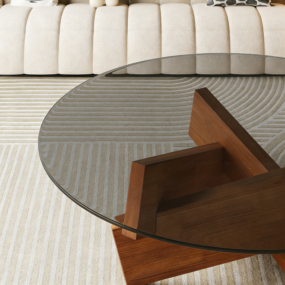 Round Coffee Table with Tempered Glass Top – Walnut Frame Modern Center Table