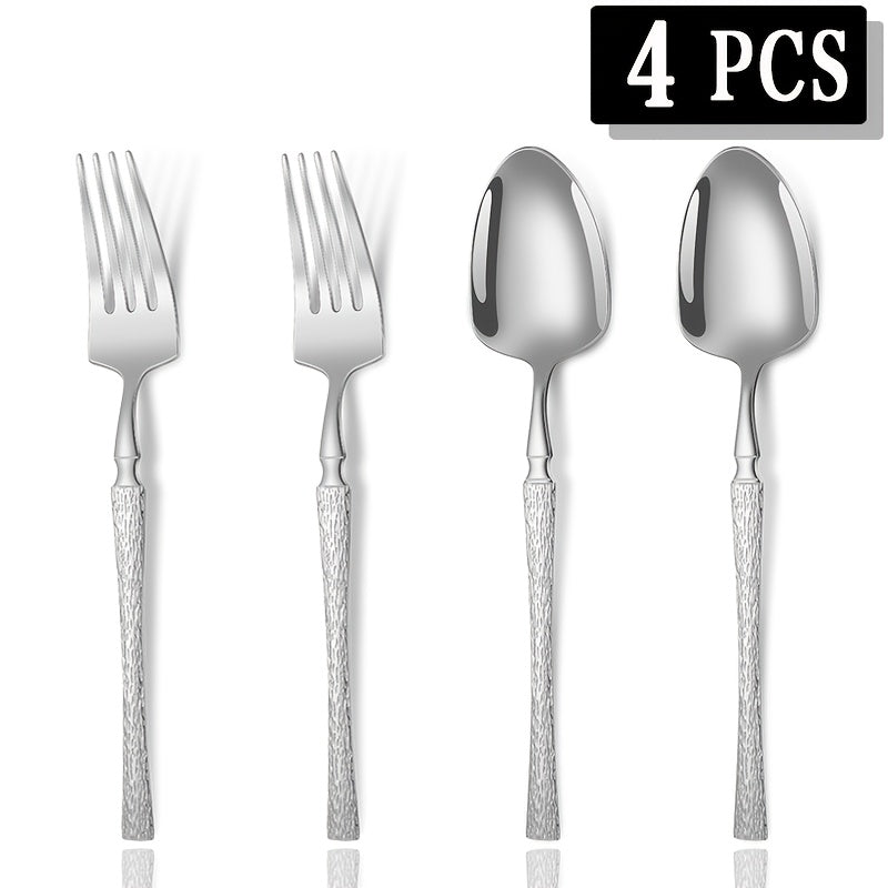 4/8pcs Premium Vertical Stripe Handle Stainless Steel Cutlery Set, Western Dining Utensils, Fork and Spoon Combo, Suitable for Home Kitchen, Hotel Restaurant, Wedding Party, Holidays, Christmas, Easter, Thanksgiving