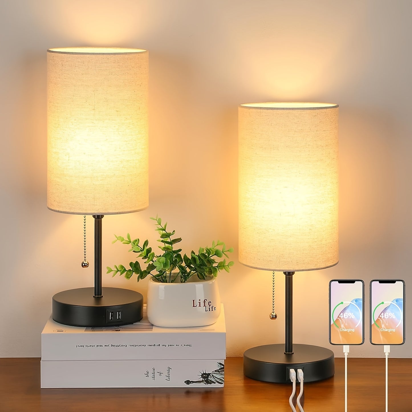 Set of 2 Table Lamps with 2 USB Ports, Modern Bedside, Desk Lamps with Pull Chain, Nightstand Lamps with Cream Fabric Shade and Metal Base for Living Room Bedroom Office Reading Dorm Hotel