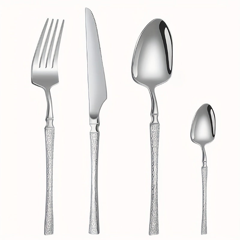 4/16/24pcs Set - Essential silvery Stainless Steel Cutlery Set with Tree-Patterned Handles, High-Quality Knives, Forks, And Spoons, Suitable for Weddings, Hotels, Restaurants, And Festive Occasions