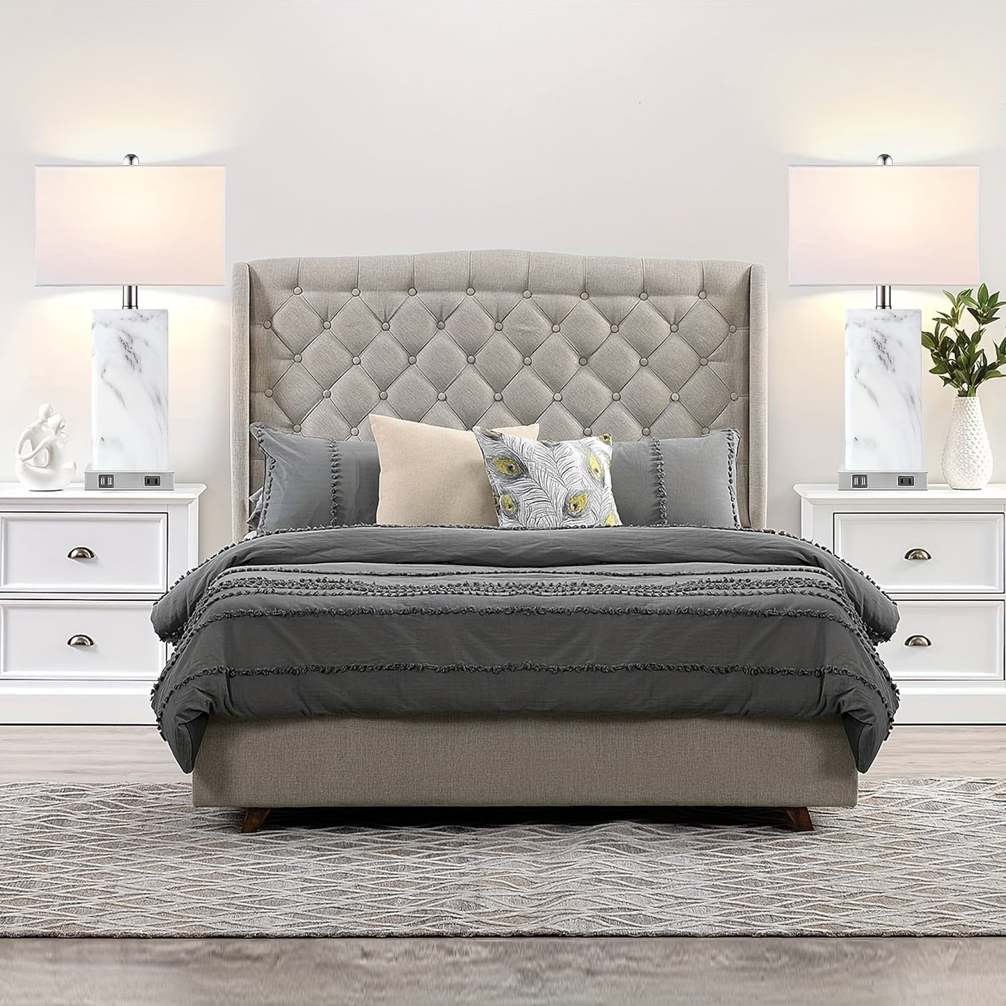 Touch Control Table Lamps Set of 2, Modern Ceramic Bedside Lamp with 2 USB Ports 1 AC Outlet, 3-Way Dimmable White Nightstand Lamp with Fabric Shade for Living Room, Bedroom (LED Bulbs Included)