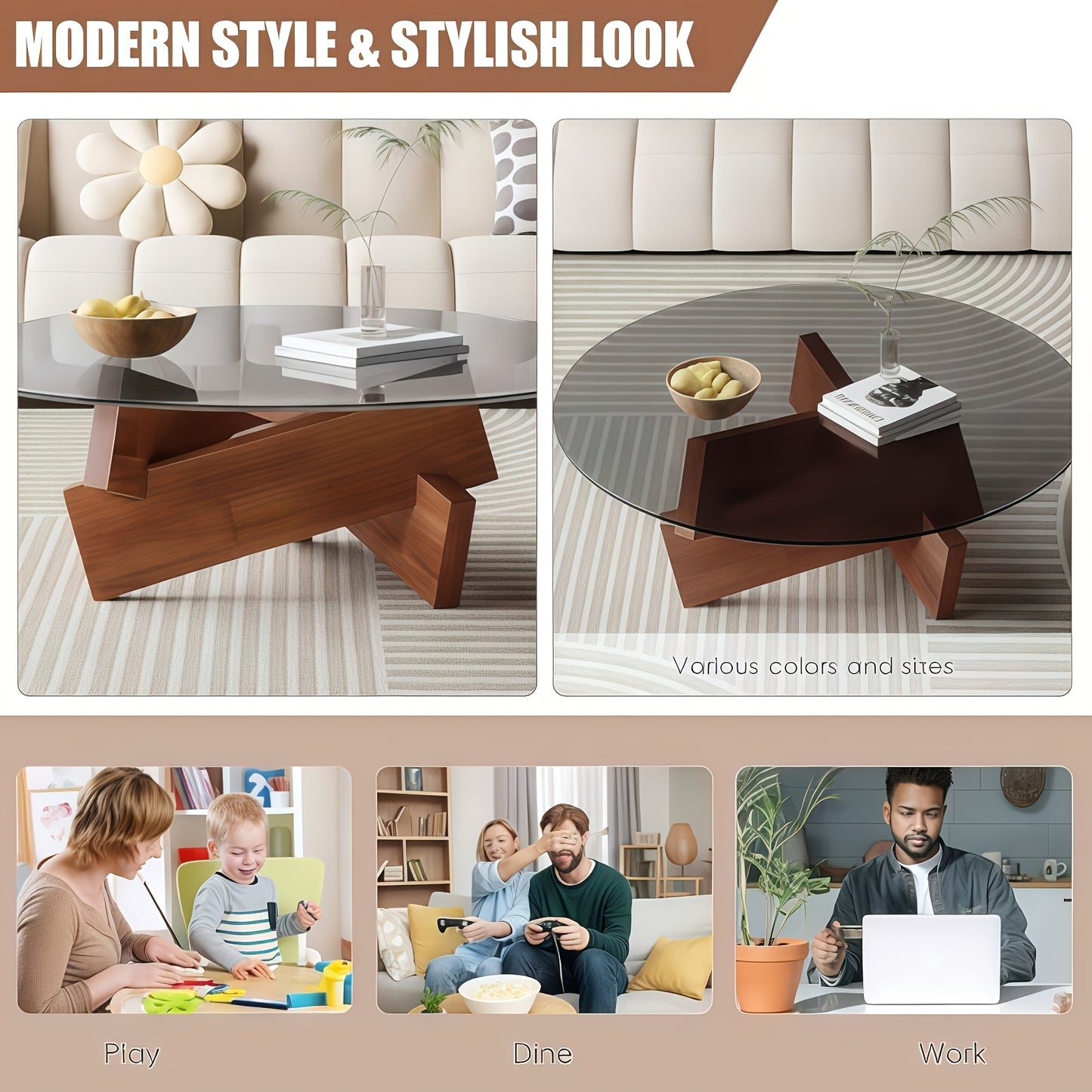 Modern Glass Top Coffee Table – Walnut Frame Center Table