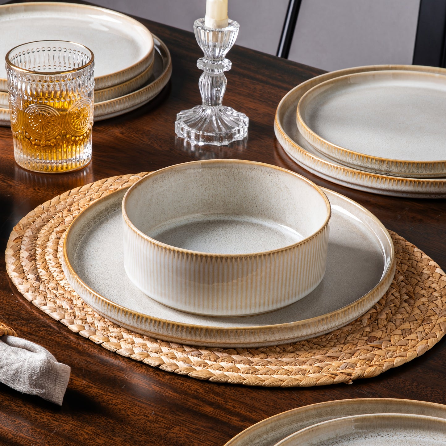 Striped Cream Beige Reactive Glaze Dinnerware Set (12-Piece Ceramic Stoneware)