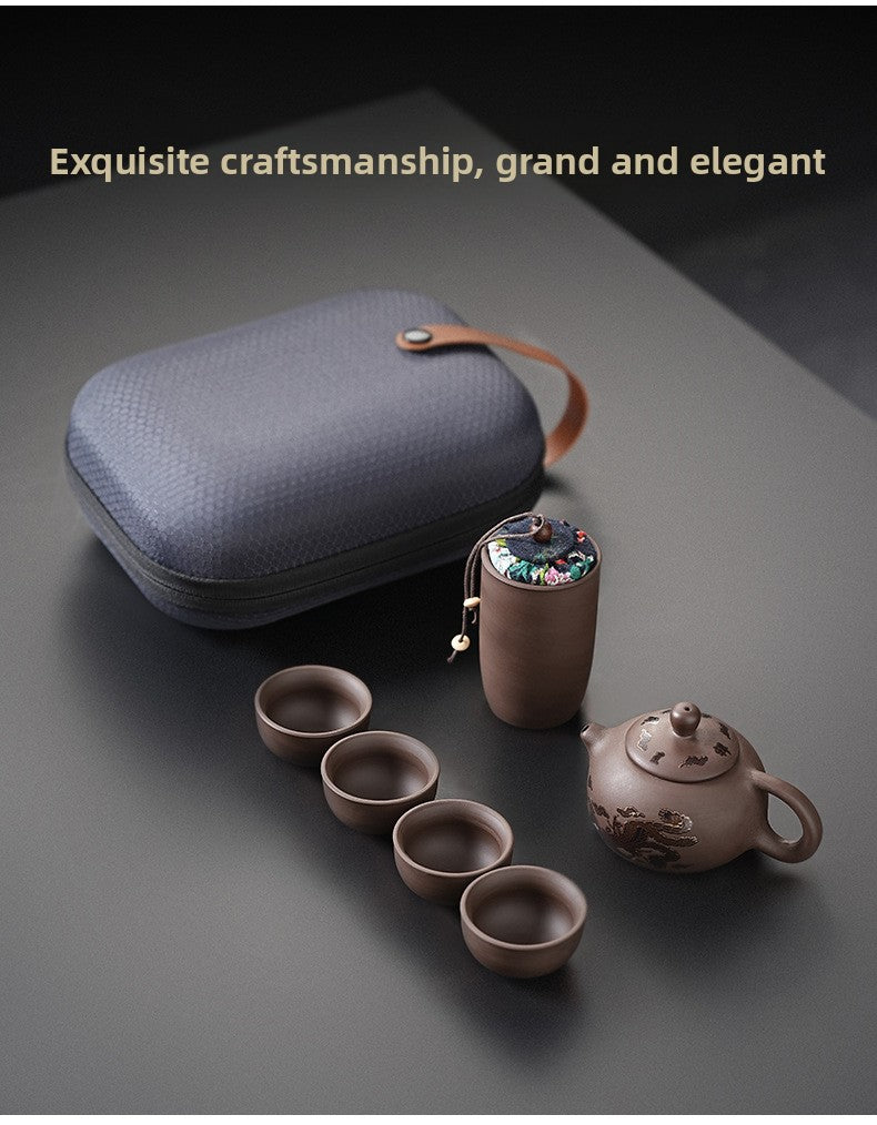 Portable Chinese Ceramic Purple Clay Tea & Coffee Set - One Pot & 4 Cups Travel Tea Suitable for, Camping, Office, Gift for, - Ceramic Tea Set with Storage Bag, Coffee/ Tea Cups