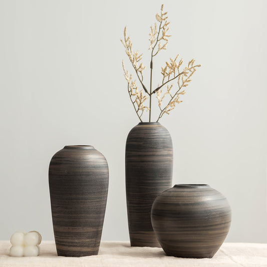 [Wabi-Sabi Ceramic Vase] Wabi-Sabi Style Striped Coarse Ceramic Vase. The Unique Stripe Texture and Rustic Tones of the Vase, Paired with Dried , Create a Natural, Serene, and Textured Atmosphere for Living Rooms, Studies, an