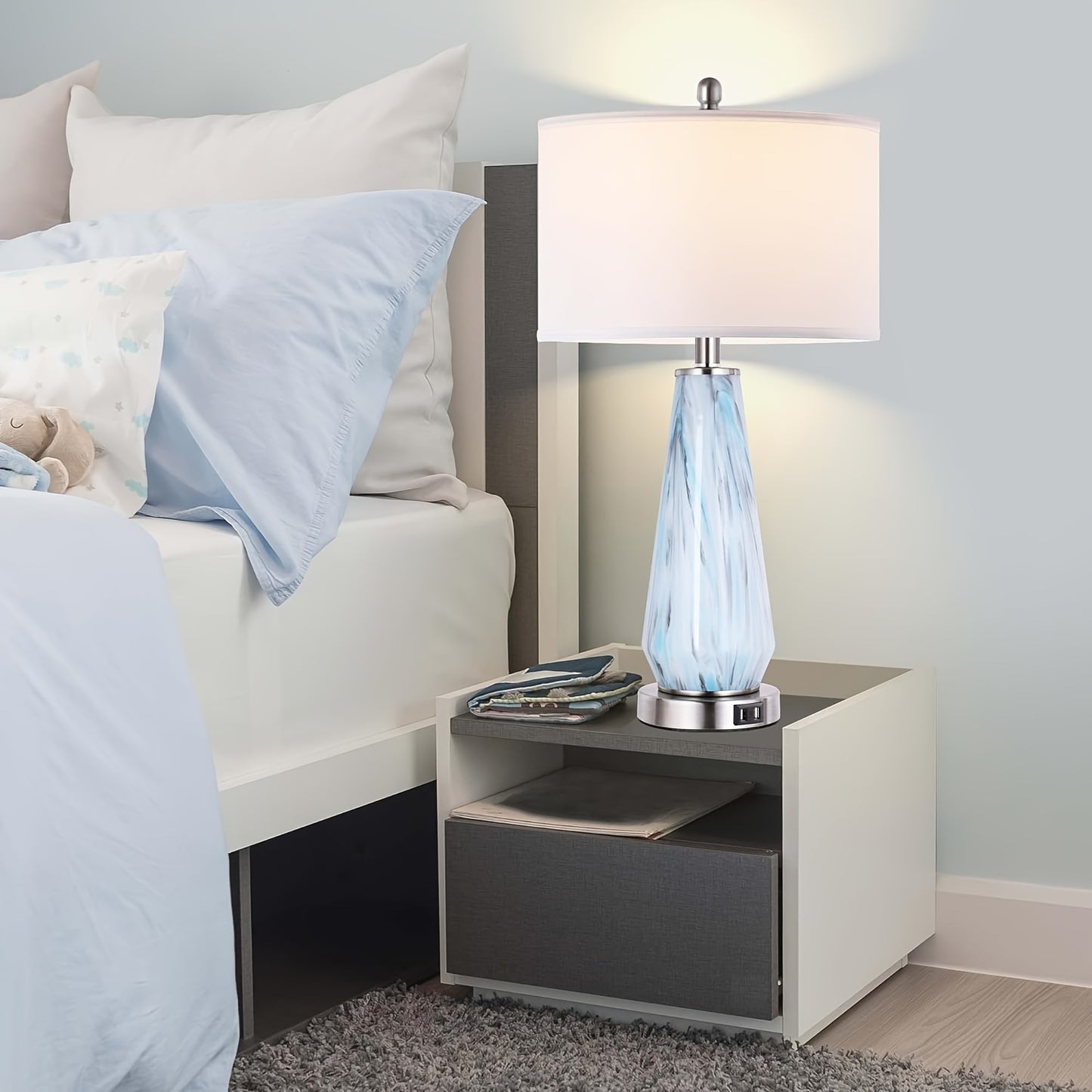 Modern Table Lamp Set of 2 Touch Control, 27" Tall Faded Swirl Blue Gray Art Glass Bedside Lamp with USB Ports, 3-Way Dimmable Hand Crafted Nightstand Lamps White Drum Shade for Living Room, Bedroom
