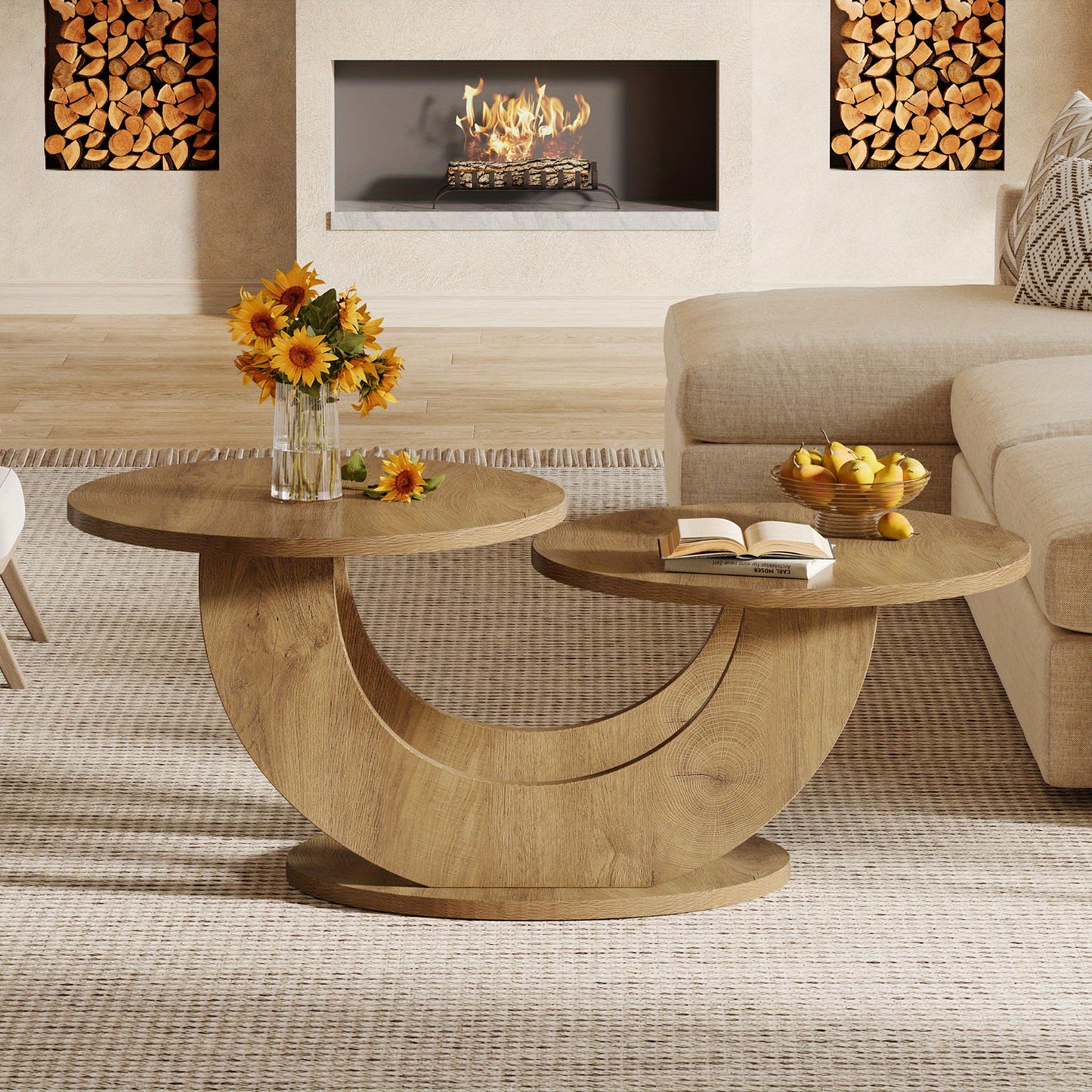 2-Tier Round Farmhouse Coffee Table – Natural Wood Accent Center Table
