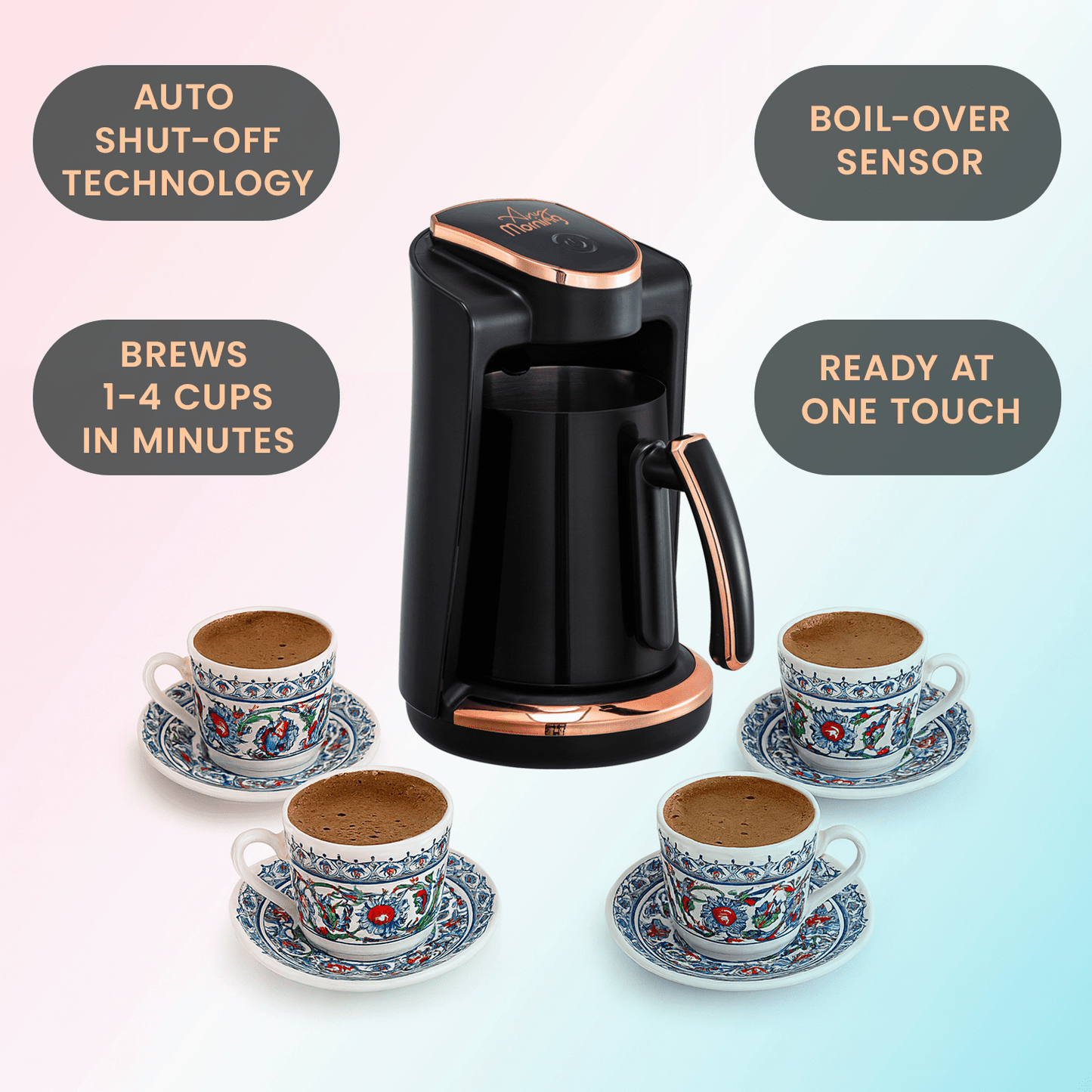 Any Morning Turkish/Arabic/Greek Coffee Maker, Automatic, Auto Shut Off, 4 Cup, Stainless Steel Turkish Coffee Pot
