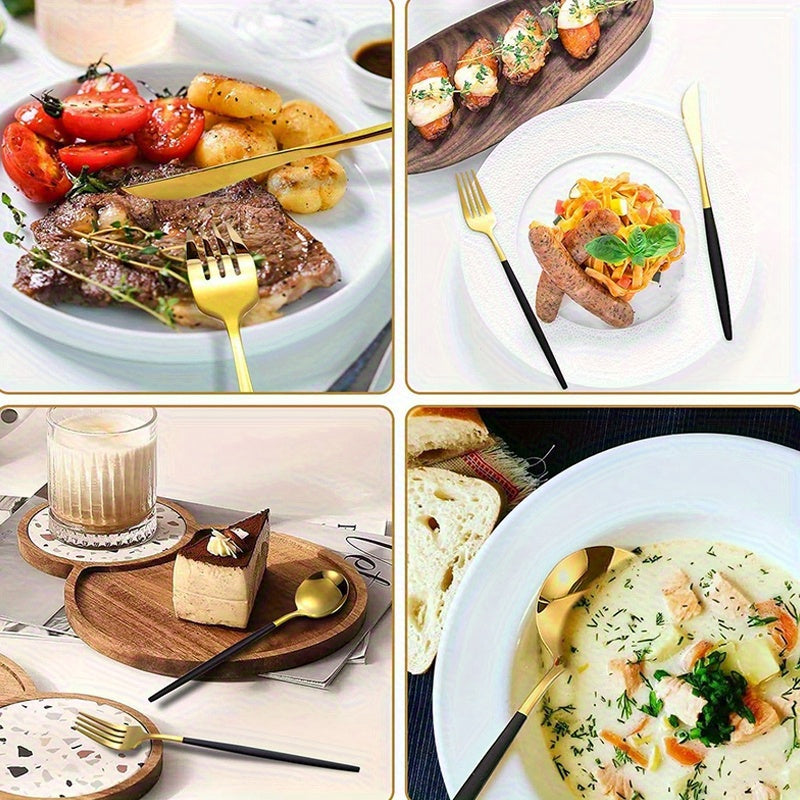 24pcs Stainless Steel Tableware Set, 6-Person Dinnerware Set (Black Golden), Includes Dinner Knife, Fork, Spoon, Coffee Spoon, Mirror Polished Cutlery Set, Suitable for Family Gatherings and Hotel Restaurant Use