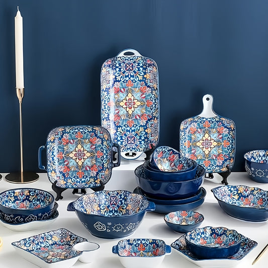 Bohemian Floral Ceramic Dinnerware Set (9-Piece) – Vintage Print Tableware