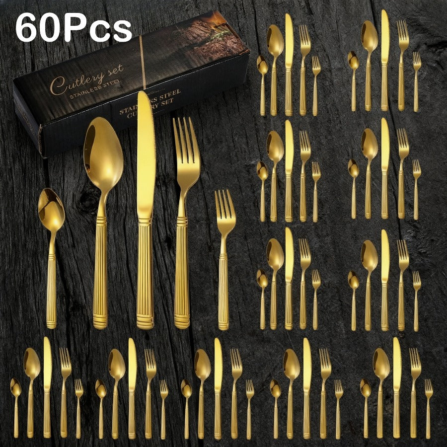 60/40/20pcs, Luxurious Striped Roman Column Stainless Steel Knife, Fork and Spoon Set, Kitchen Stainless Steel Tableware Set, Mirror-polished Finish, Suitable for Use in Households, Restaurants, Hotels and Parties, Can Be Was