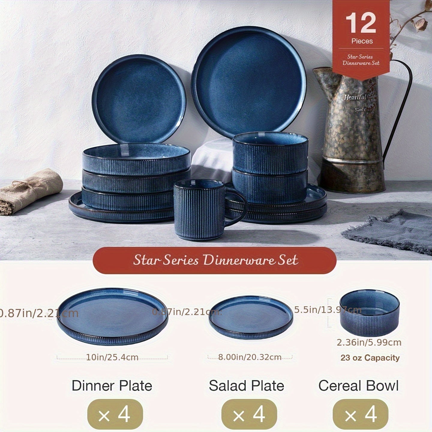 Ribbed Stoneware Dinnerware Set (12-Piece) – Plates & Bowls for 4, Microwave Safe