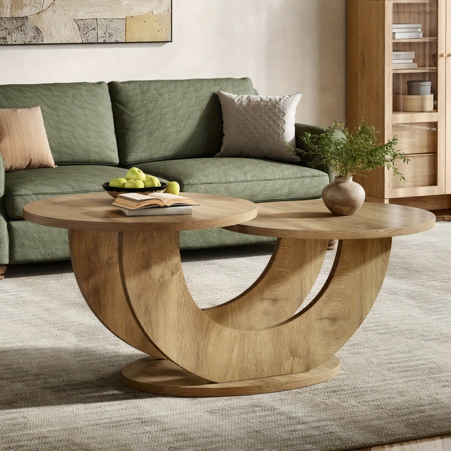 2-Tier Round Farmhouse Coffee Table – Natural Wood Accent Center Table