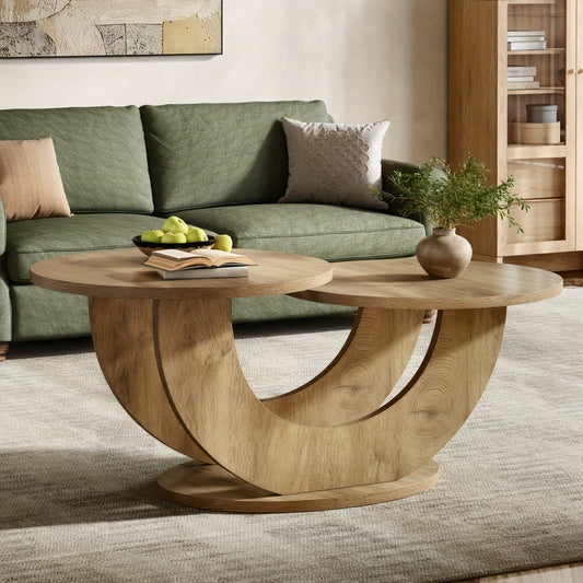 2-Tier Round Farmhouse Coffee Table – Natural Wood Accent Center Table
