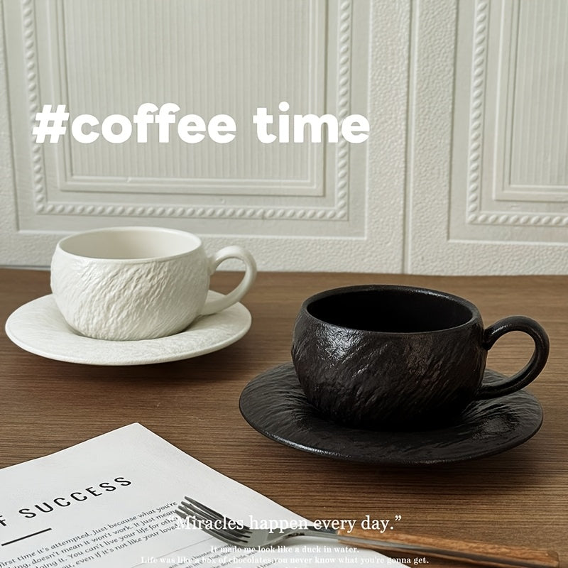 Single Set Vintage Matte Stone-Patterned Ceramic Coffee Cup & Saucer | Exquisite Latte Art Cup for Home & Café, Elegant Afternoon Tea Gift, Non-Slip, Hand Wash Only