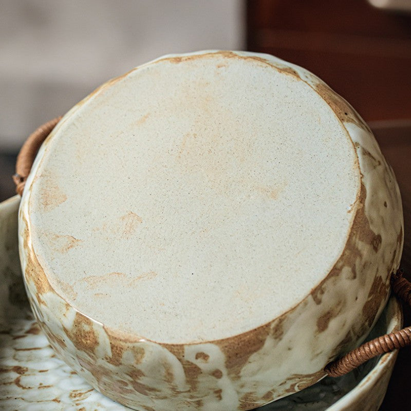 Handmade Rustic Pottery Bowl with Handles – Retro Deep Plate & Serving Bowl