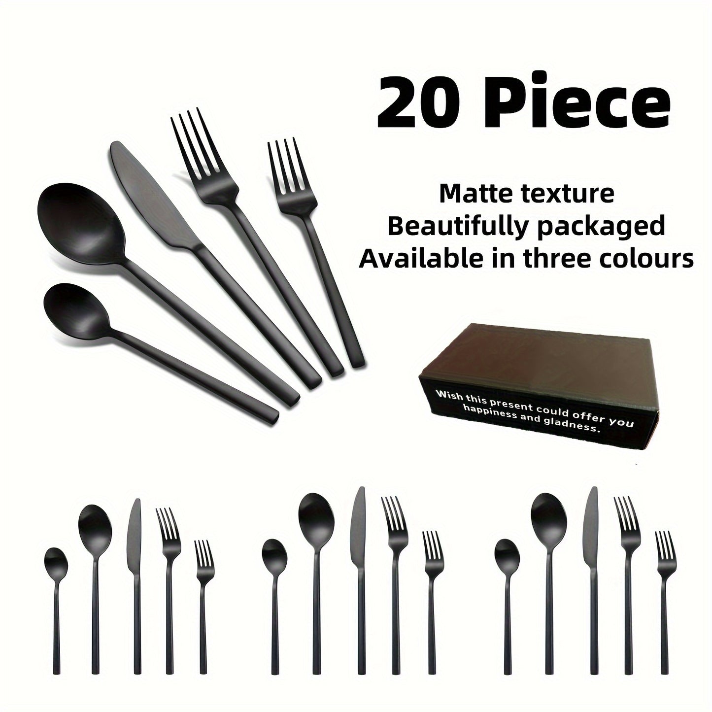 20pcs Black Luxury Rectangular Handle Cutlery Set, Durable Matte Stainless Steel Flatware Set, Dishwasher Safe, for 4, Perfect for Home, Restaurant, Hotel, Party, And Wedding Occasions, for Friends, Family, Teachers, Partners