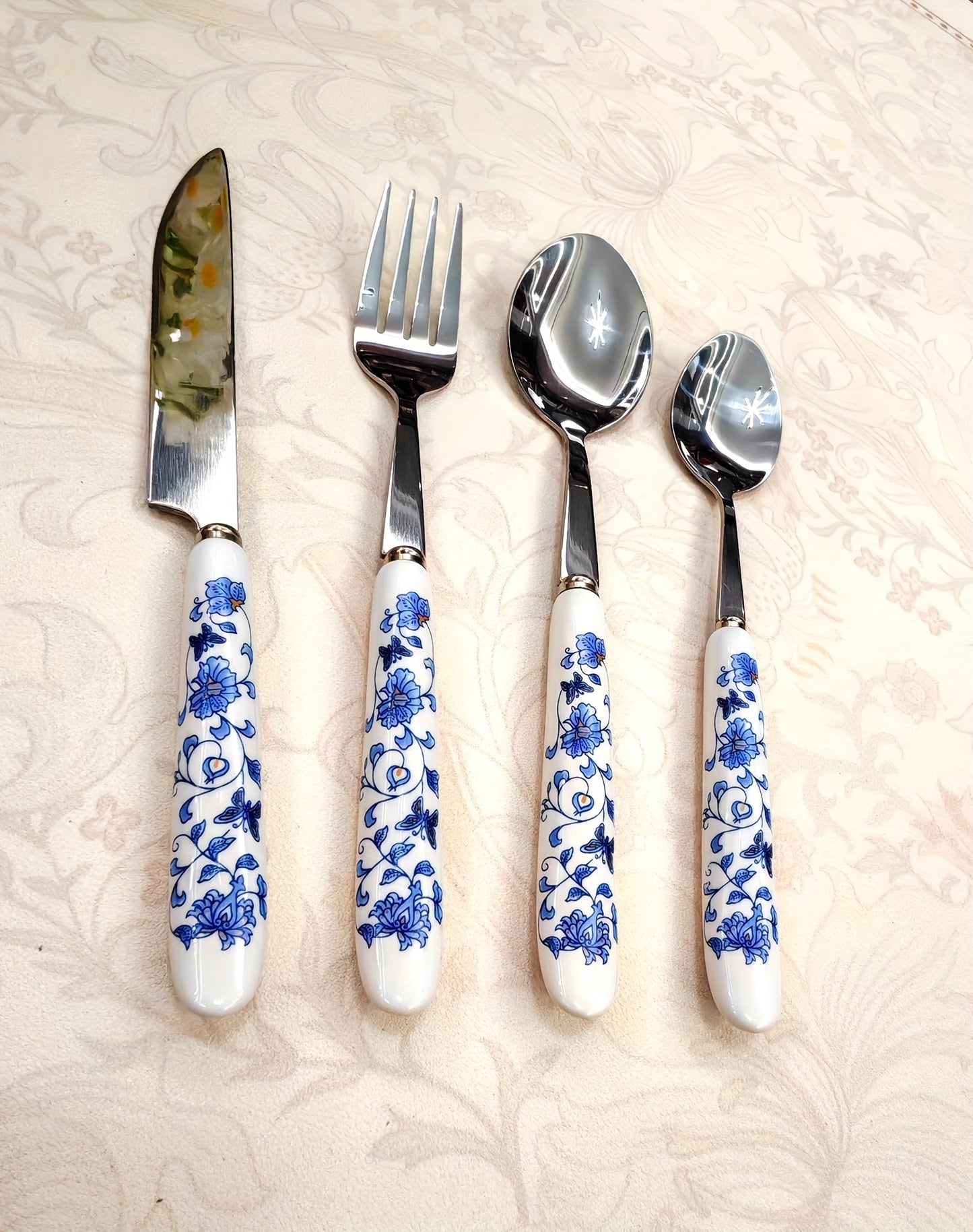 4/24pcs Blue and White Porcelain Ceramic Handle Silverware | Elegant Steak Forks, Table Knife, Spoons, Polished 410 Stainless Steel, Suitable for Restaurants, Kitchens, Daily Dining, Parties, Holiday Gatherings