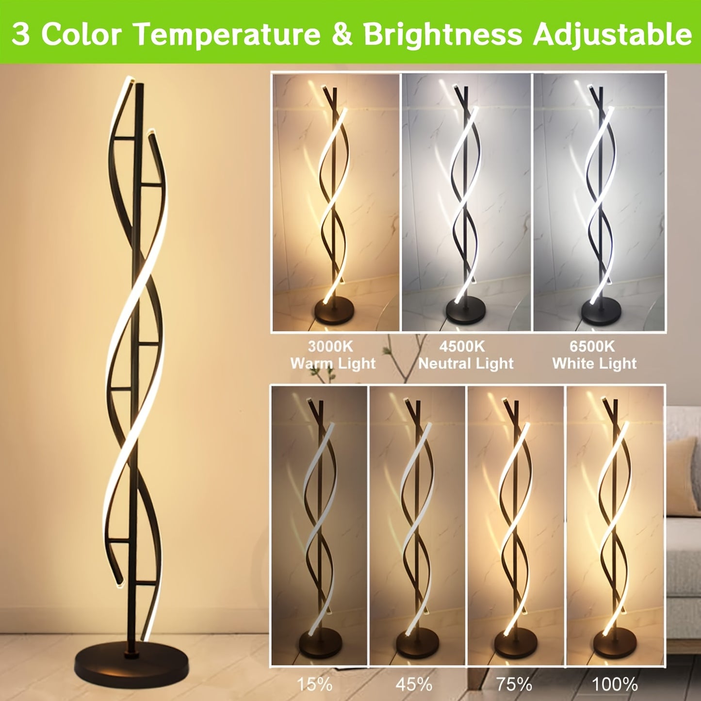 Spiral LED Floor Lamps for Living Room, Dimmable Floor Lamp, Modern Standing Lamp with Remote And Foot Switch, 60in Tall Lamp for Bedroom Office Dining Room Black White, 48W