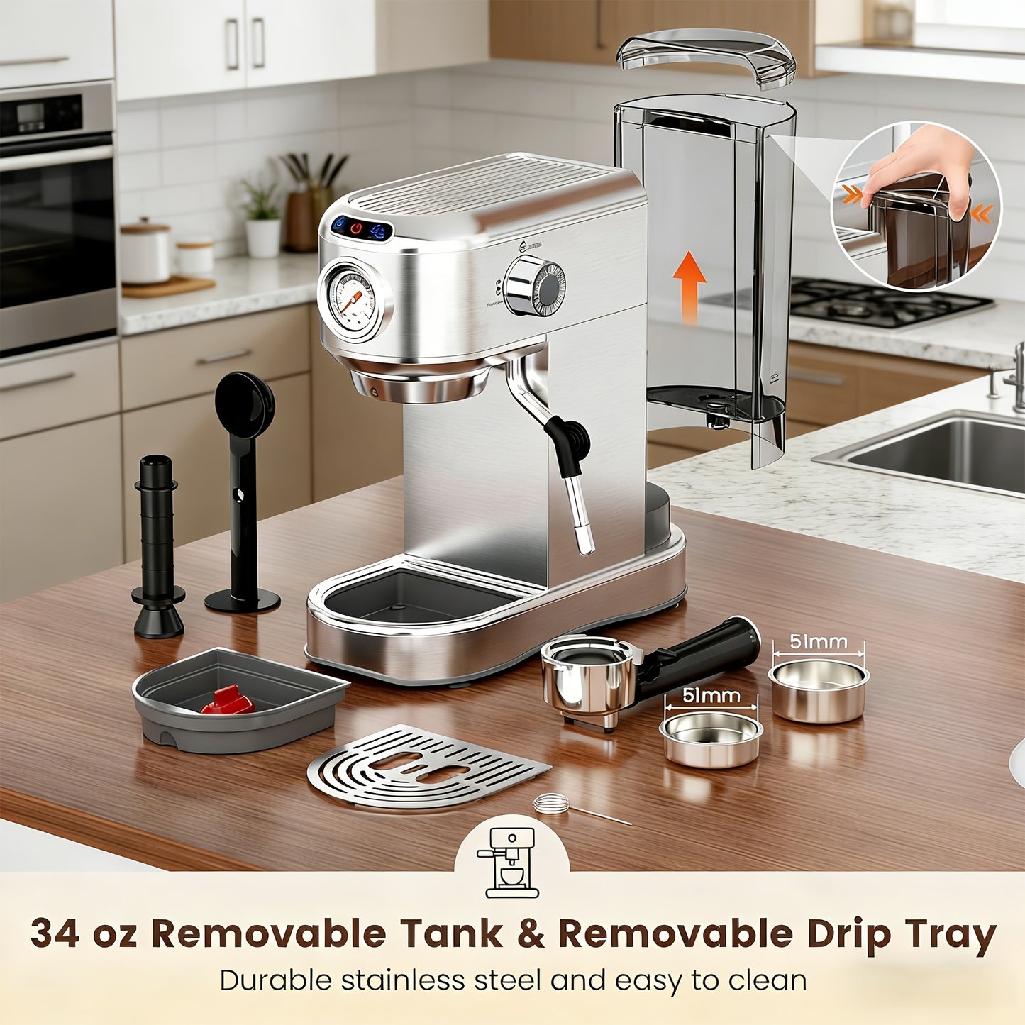 Coffee Machine, 20 Bar Espresso Machine with Milk Frother, Professional Compact EspressoMaker with Steam Milk Frother, Stainless Steel Coffee Machine with 34oz Removable WaterTank, for Cappuccino, Latte, Gift for Women Or Men