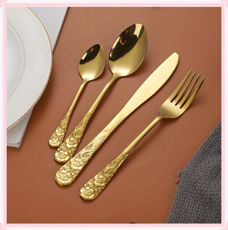 24pcs Stainless Steel Cutlery Set with Patterned Handles in a Gift Box