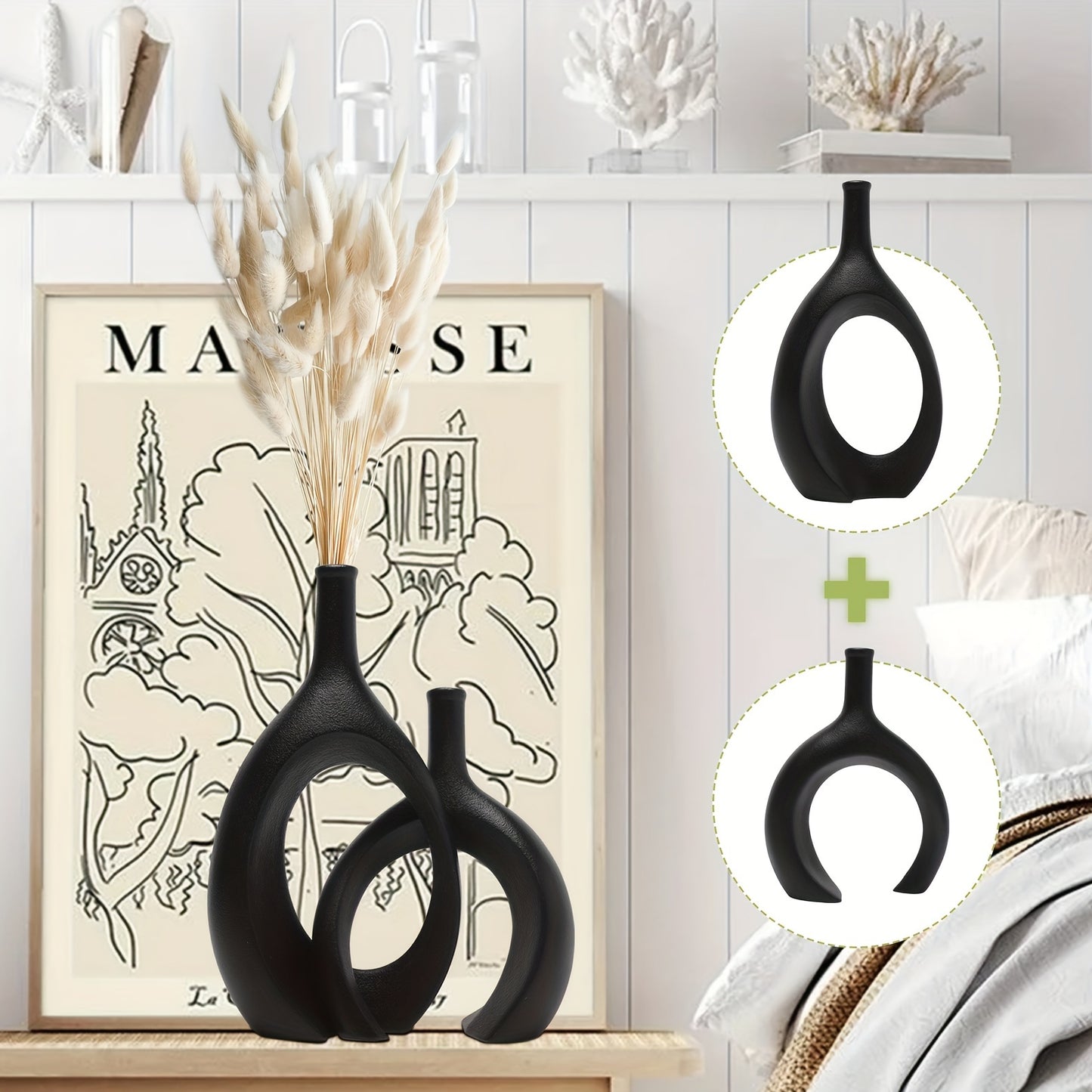 2pcs/set Ceramic Hollow Vase, Round Modern Donut Boho Aesthetic Vases for Nordic Minimalist Book Style Shelf Decor, Trendy Home Living Room Entryway Coffee Table Decorative