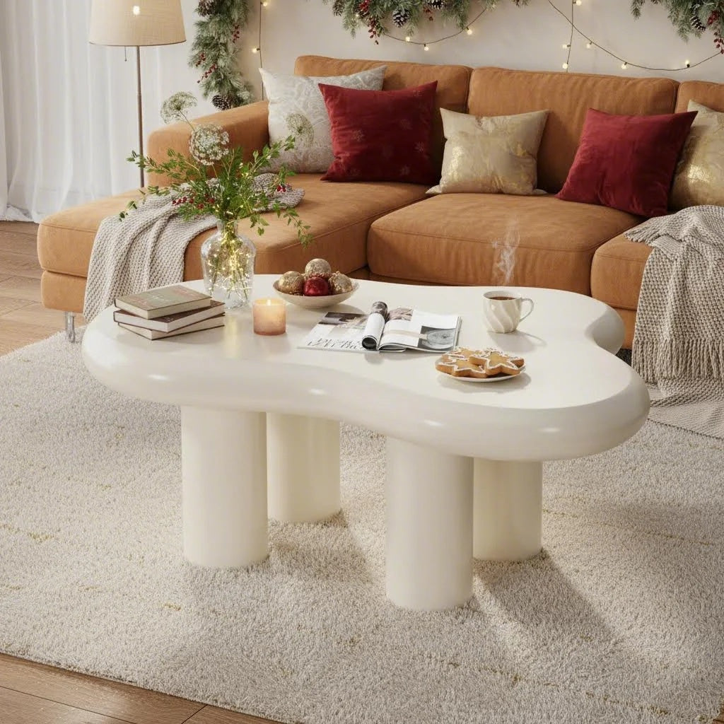 39.4” White Cloud Coffee Table – Modern Center Table with Solid Legs