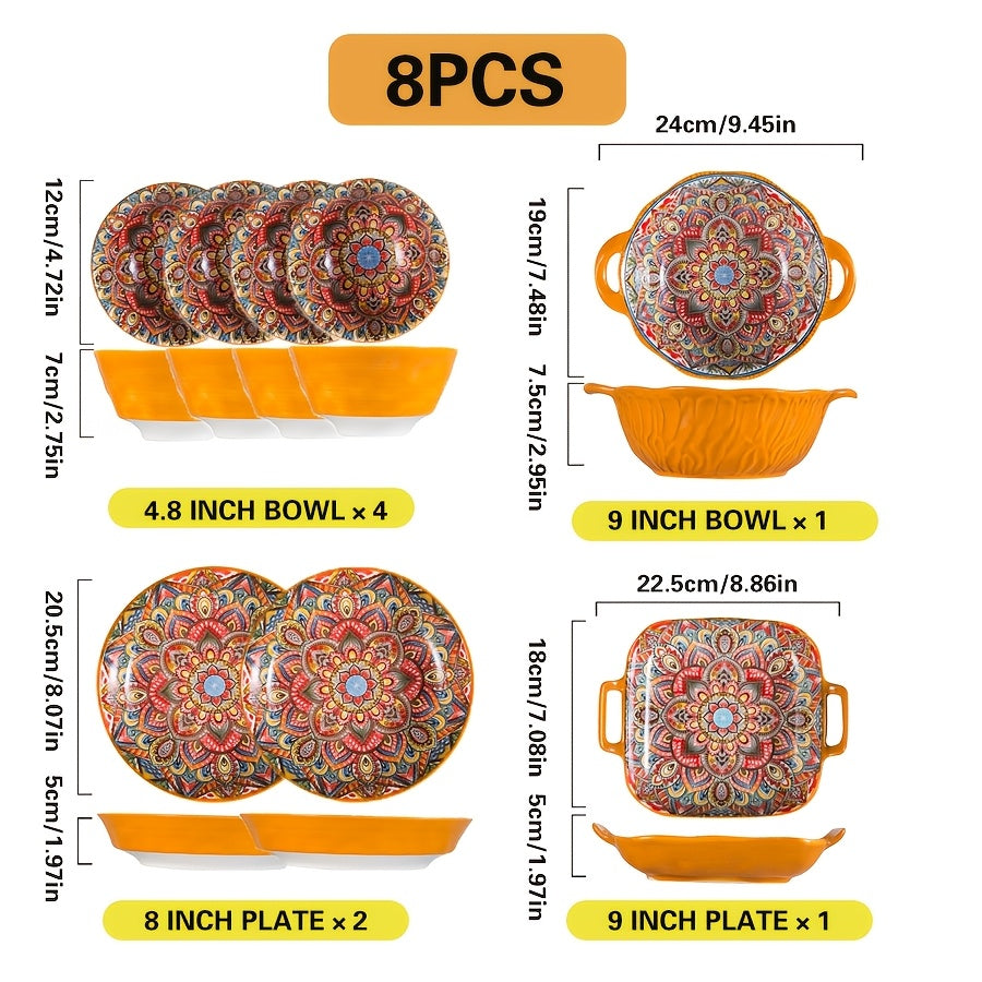 Bohemian Ceramic Tableware Set (8-Piece) – Scratch-Resistant & Microwave Safe