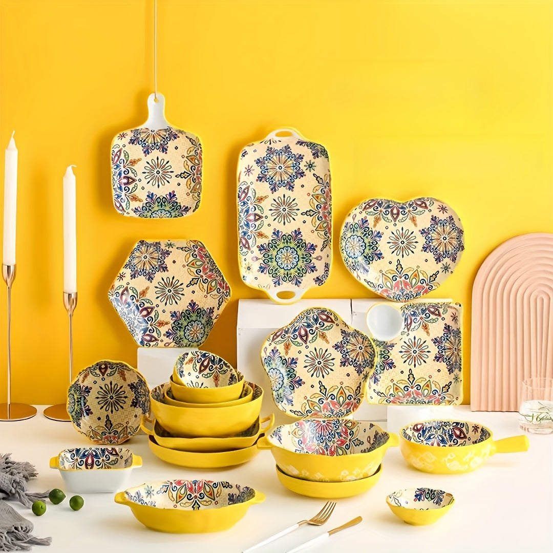 Bohemian Floral Ceramic Dinnerware Set (9-Piece) – Vintage Print Tableware