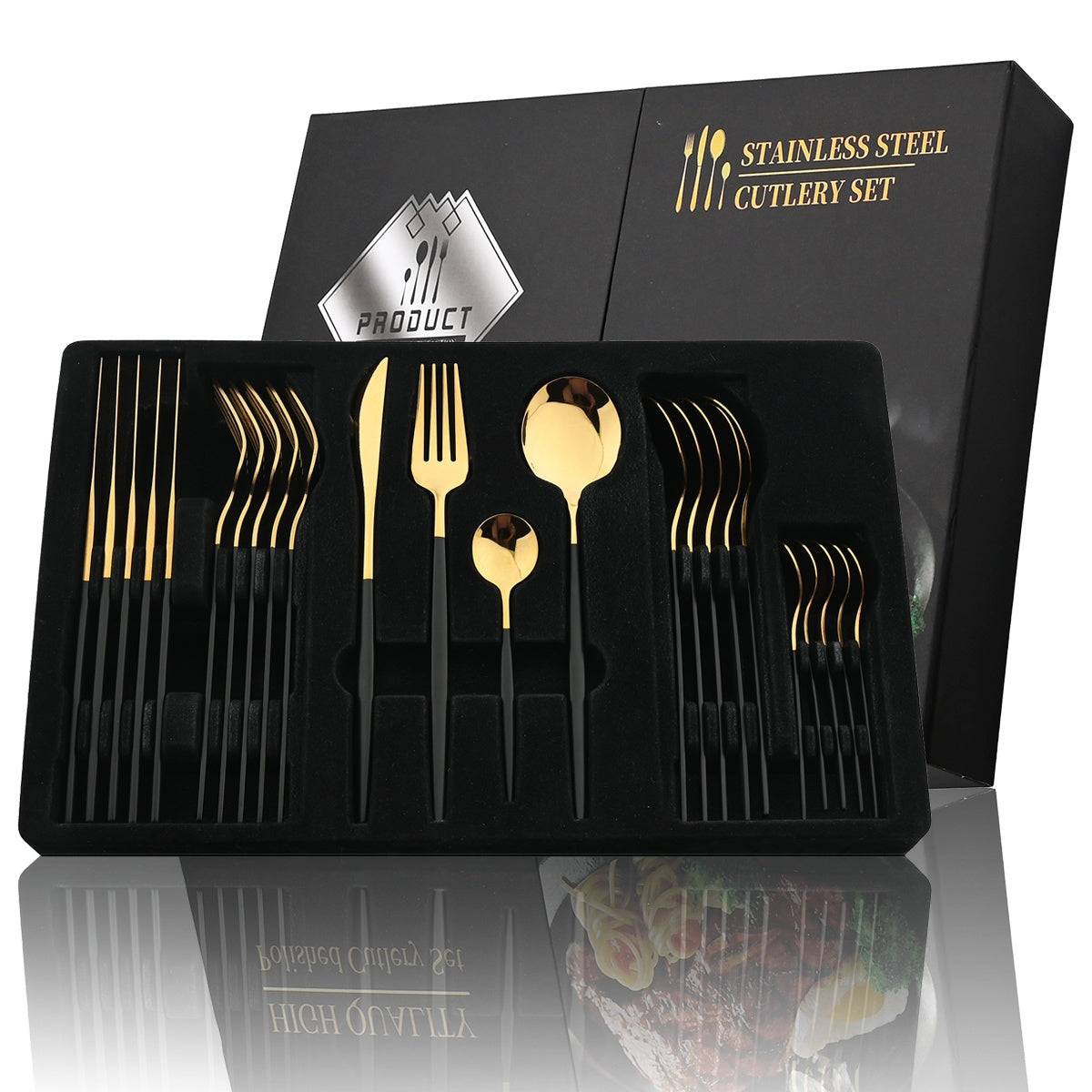 24pcs Black And Golden Elegant Stainless Steel Tableware Set, Including Forks, Knives, Spoons, Service Spoons And Service Forks - Perfect for Holiday Gifts Or High-end Kitchen Decoration, Holiday Tableware with Elegant Design