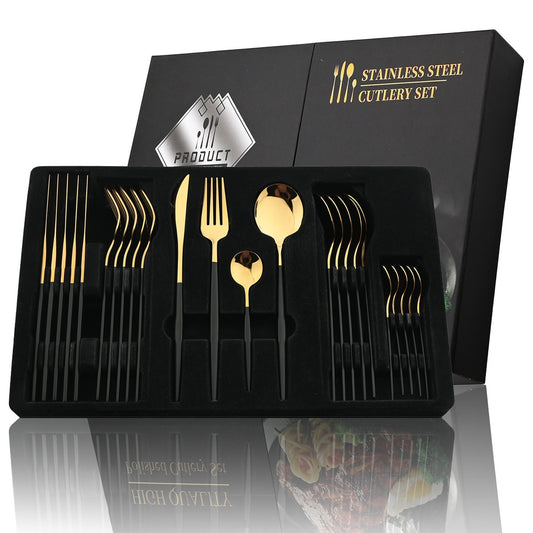 24pcs Black And Golden Elegant Stainless Steel Tableware Set, Including Forks, Knives, Spoons, Service Spoons And Service Forks - Perfect for Holiday Gifts Or High-end Kitchen Decoration, Holiday Tableware with Elegant Design