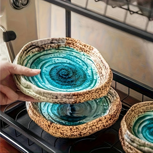 Handmade Irregular Ceramic Plate Set (2-Piece, 7") – Spiral Texture Serving Plates