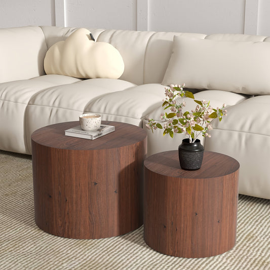 Round Wooden Nesting Coffee Table Set – 2-Piece Modern Side Tables