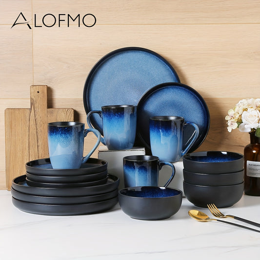 Blue Striped Reactive Glaze Dinnerware Set (16-Piece Ceramic Stoneware)