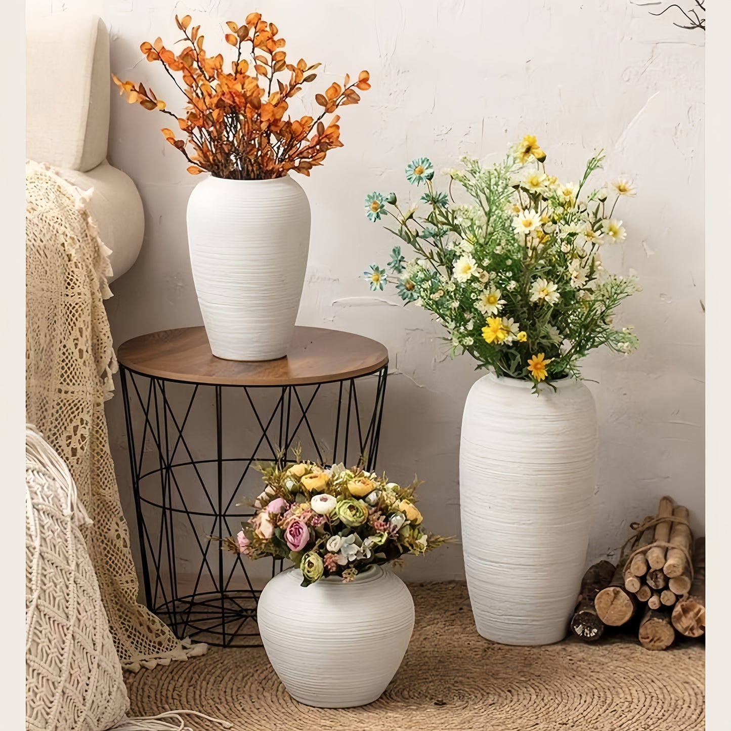 Modern Bohemian Minimalist Hard Plastic Vase - Cylindrical Ceramic-Suitable for (Compatible with) Flower Arrangements, Elegant Tall Plain Vase for Wedding, Home, Office, Decor - Durable Decorative Container