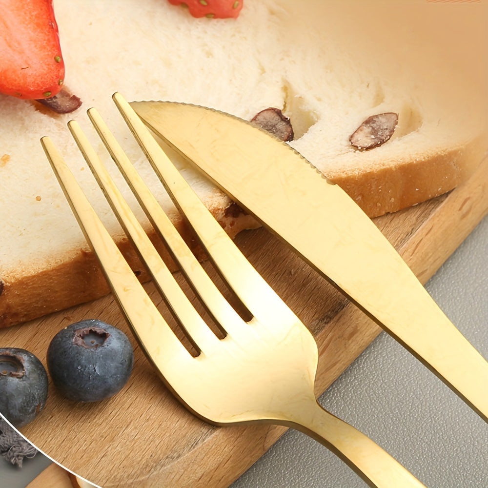 40pcs Cutlery Collection for Eight, Stainless Steel Flatware with Golden Mirror End, ABS Handles with Wooden Appearance, Kitchen Utensil Set Suitable for Home, Hotel, And Restaurant, Family Cutlery Set Featuring Knives, Forks