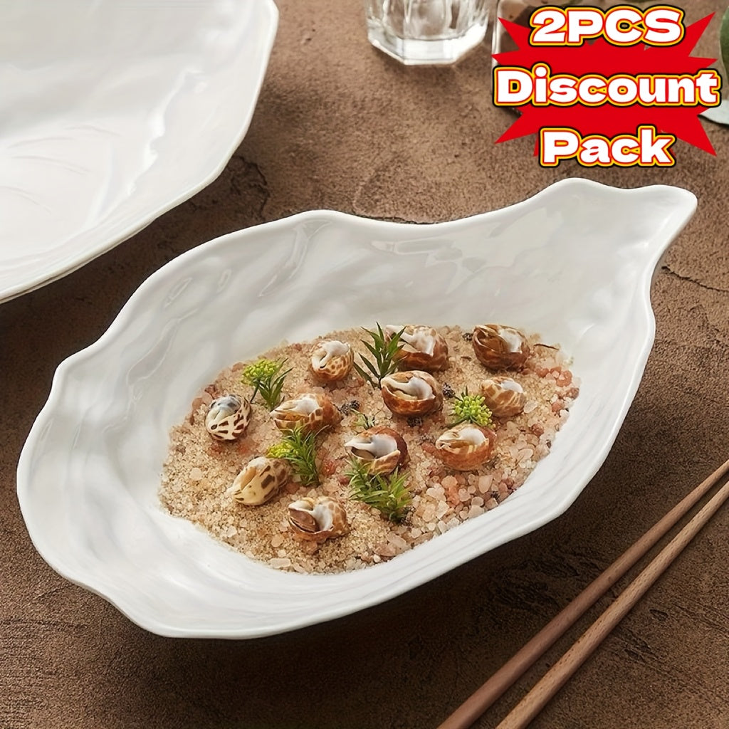 White Shell-Shaped Ceramic Serving Plate Set (2-Piece) – Oyster Design, Microwave Safe