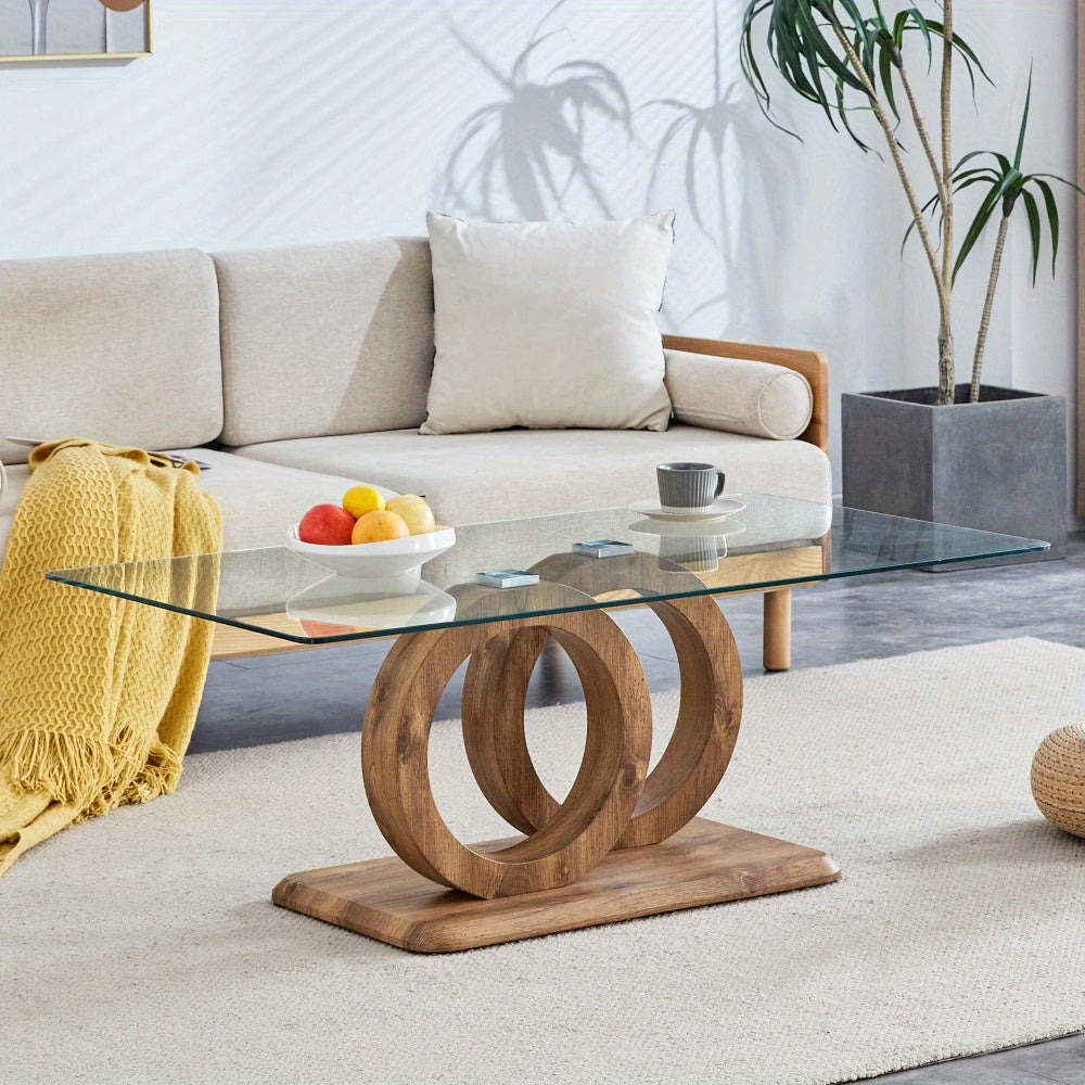 Modern Glass Top Coffee Table – Natural Wood Base Center Table (47.2")