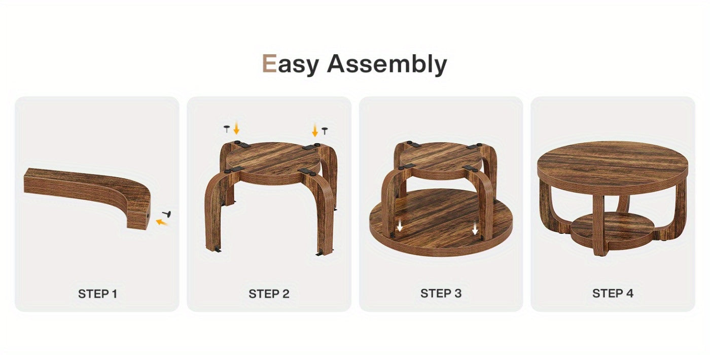 Modern Round Coffee Table with 2-Tier Storage – Rustic Brown Center Table