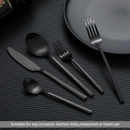 20pcs Black Luxury Rectangular Handle Cutlery Set, Durable Matte Stainless Steel Flatware Set, Dishwasher Safe, for 4, Perfect for Home, Restaurant, Hotel, Party, And Wedding Occasions, for Friends, Family, Teachers, Partners