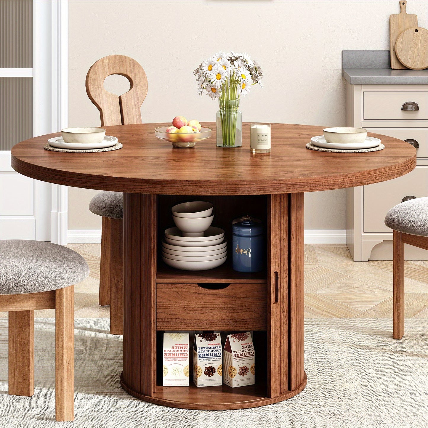 Round Dining Table with Storage – Sliding Doors & Drawer (47”)