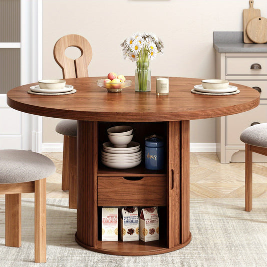 Round Dining Table with Storage – Sliding Doors & Drawer (47”)
