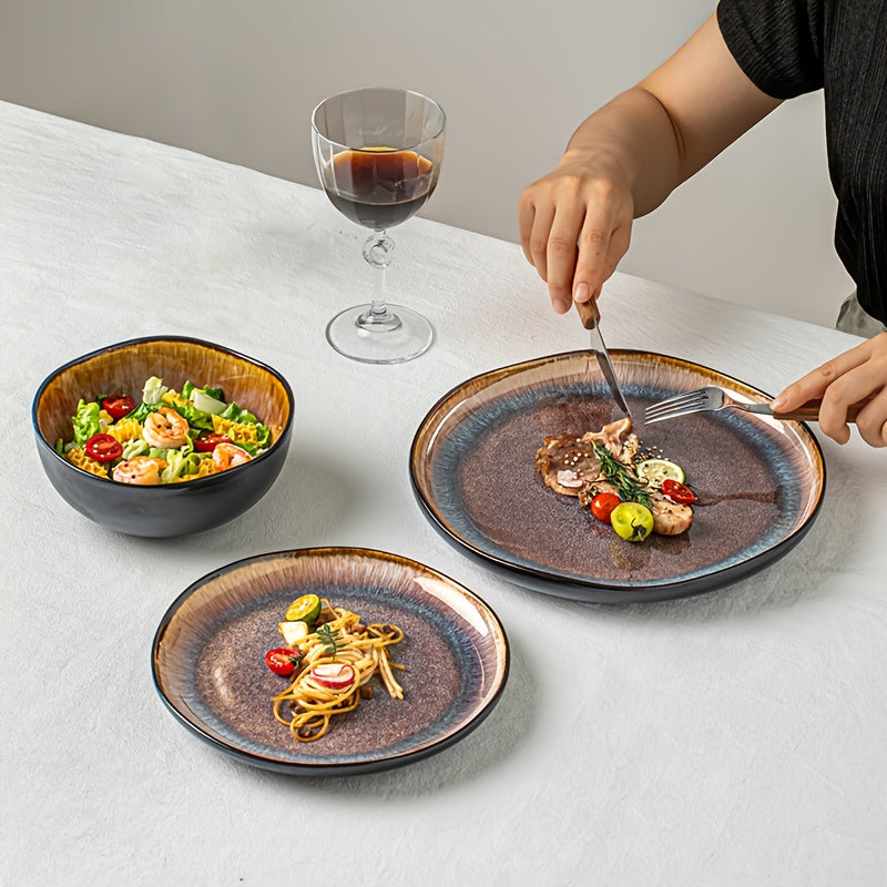Brown Flame Glaze Ceramic Dinnerware Set (12-Piece) – Modern Plates & Bowls for 4
