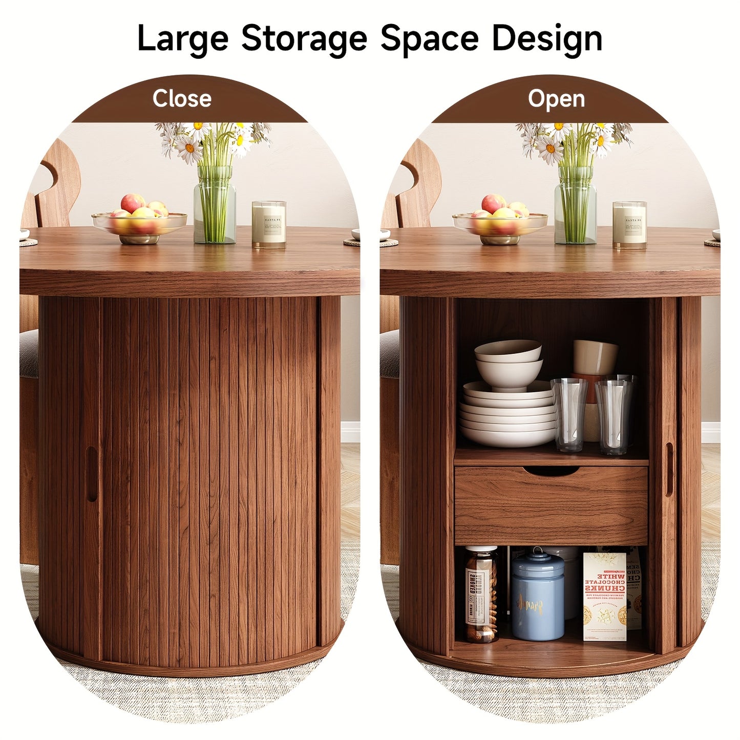 Round Dining Table with Storage – Sliding Doors & Drawer (47”)