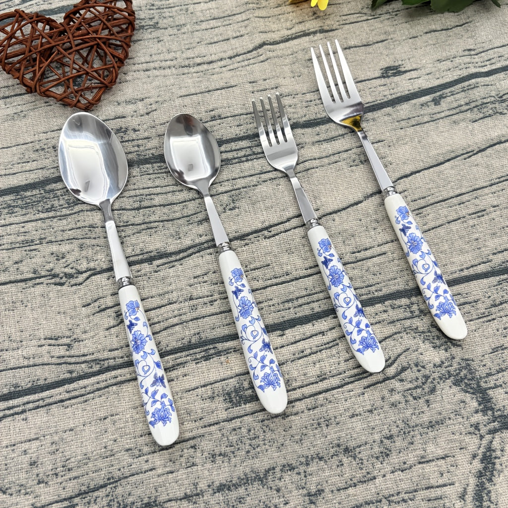 5/25pcs And Ceramic-Handle Stainless Steel Tableware | Includes Dinner, Fork, Spoon, And Dessert Spoon, Ideal For Home, Kitchen, And Restaurant Use