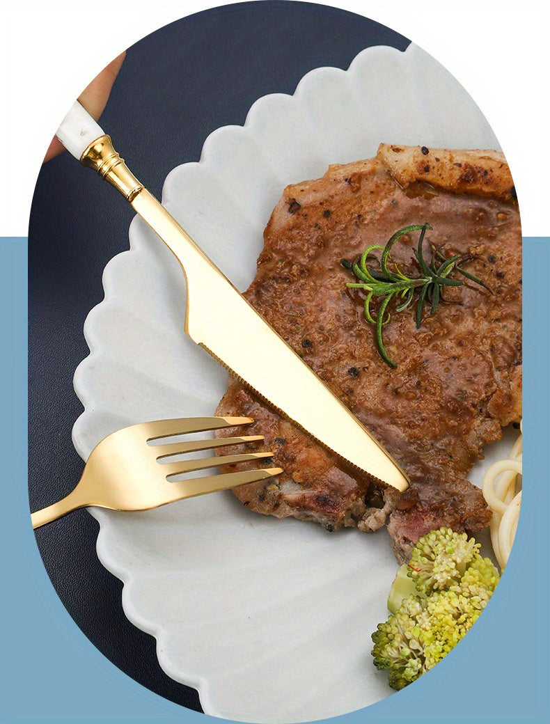 Stylish Stainless Steel Cutlery with a Marble Design, Featuring Vintage Ceramic Handles, Perfect for Upscale Western Meals, Desserts, And Tea Service