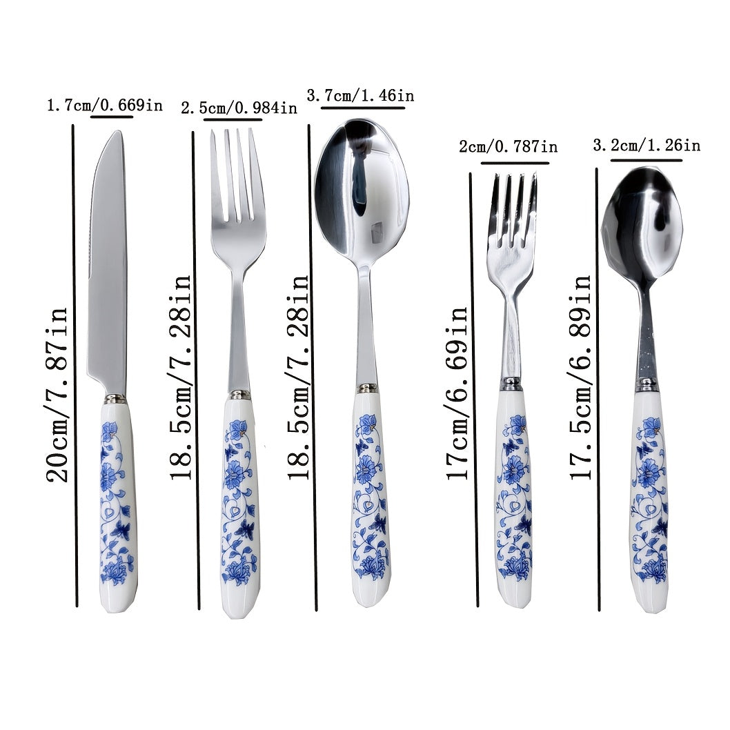 5/25pcs And Ceramic-Handle Stainless Steel Tableware | Includes Dinner, Fork, Spoon, And Dessert Spoon, Ideal For Home, Kitchen, And Restaurant Use